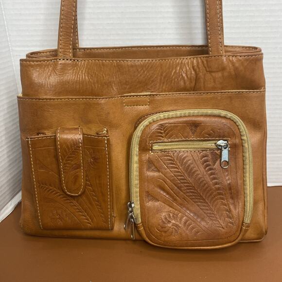 Unbranded Handbags - VINTAGE HAND TOOLED EMBOSSED BROWN TAN LEATHER SHOULDER BAG PURSE PARAGUAY